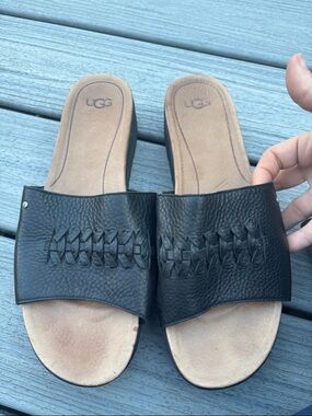 UGG Black Leather Woven Slide Sandals with Tan Footbed